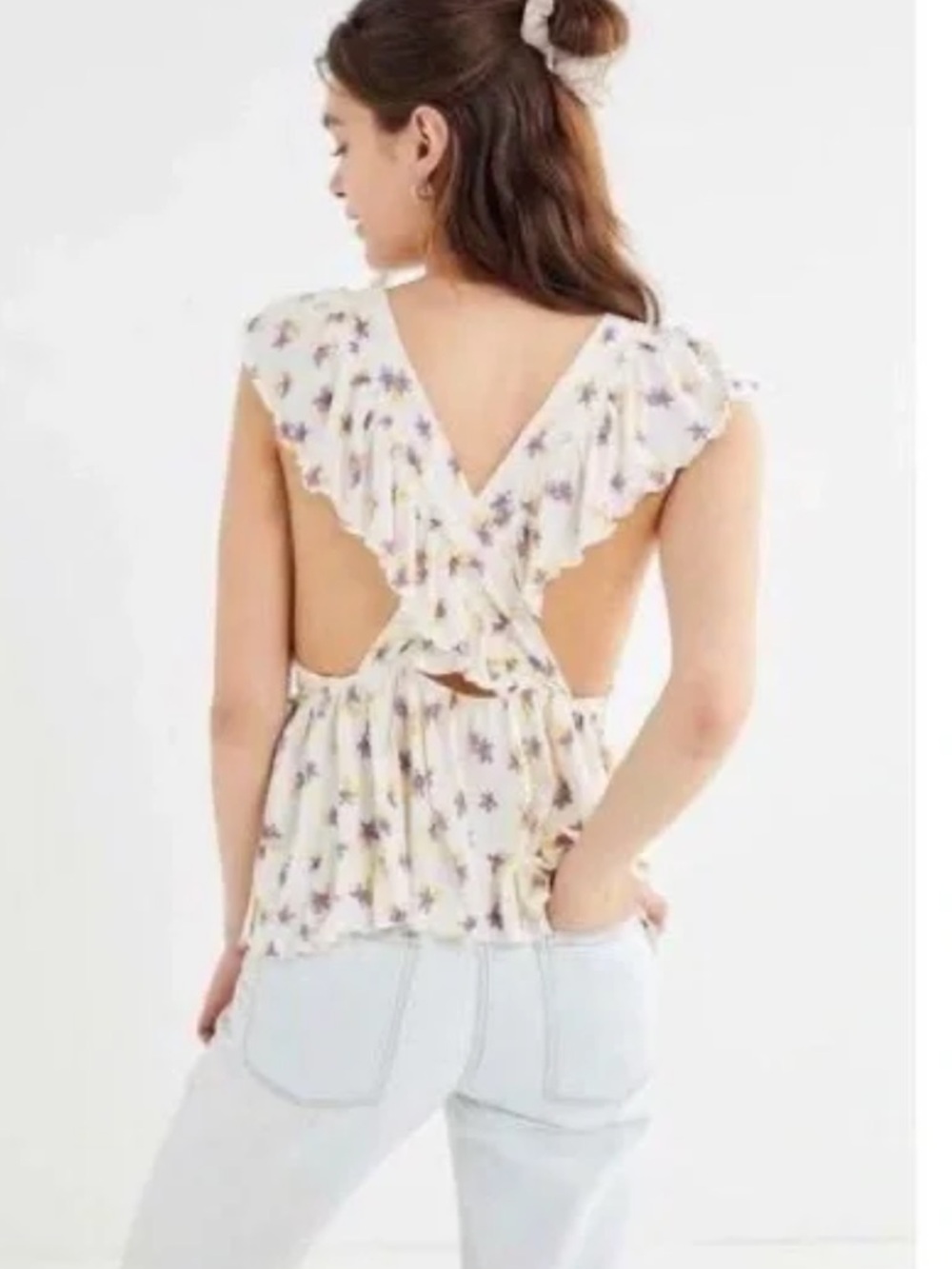 Urban Outfitters Cream Floral Ruffle Top with Purple & Yellow flowers